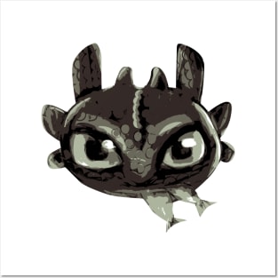 Chibi Black Dragon With Green Eyes Eating Fish - Eyesasdaggers Posters and Art